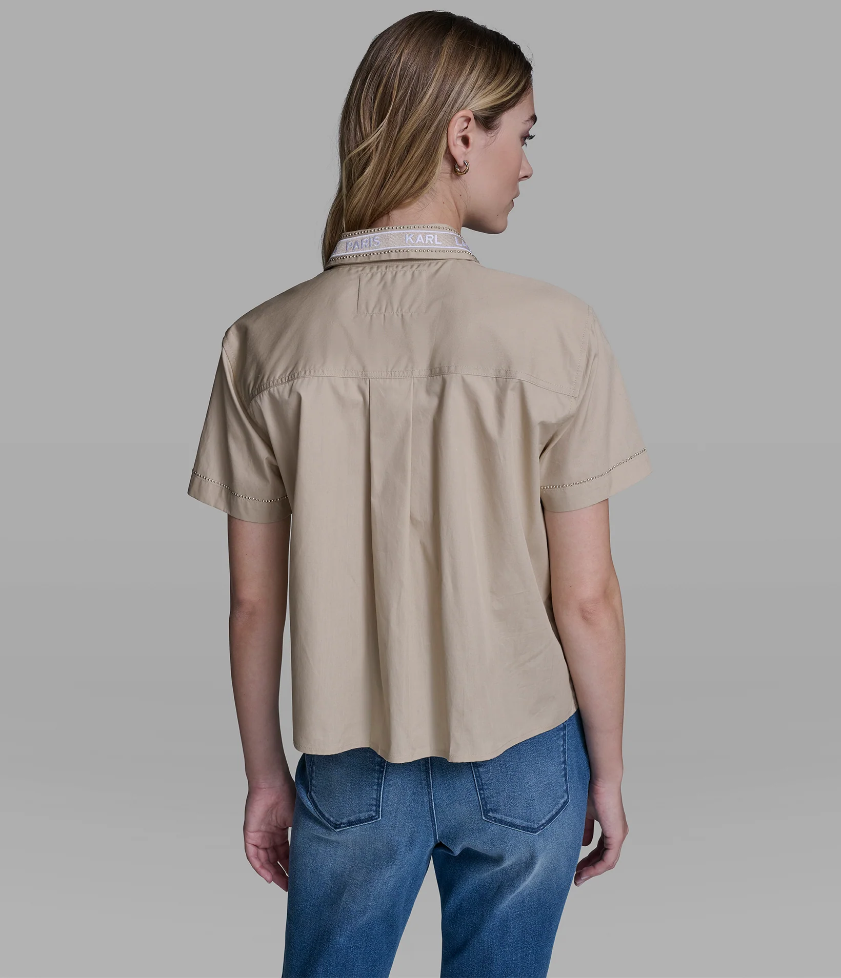 SHORT SLEEVE POPLIN SHIRT WITH EMBELLISHED TRIM - Image 3