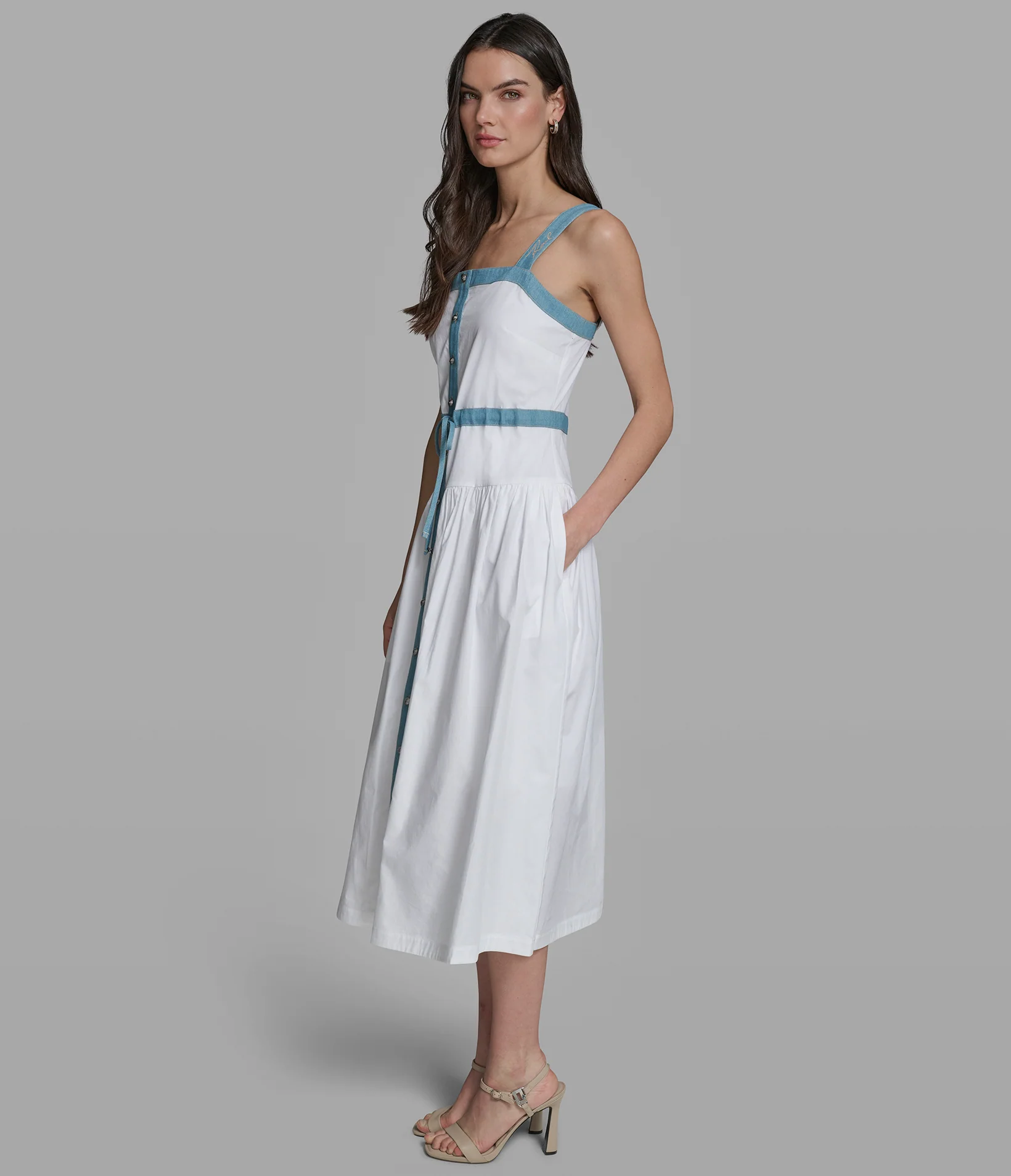 SLEEVELESS DENIM TRIM MIDI DRESS - Image 3