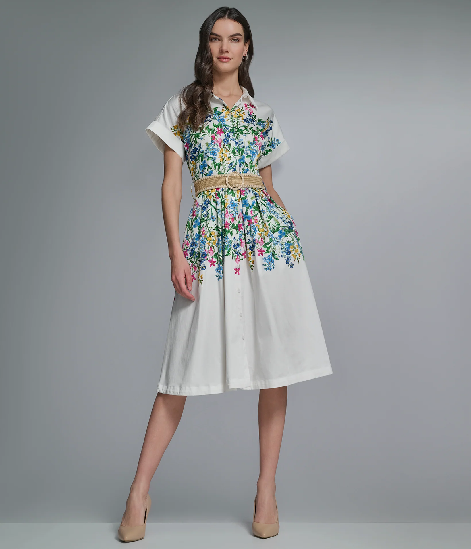 SHORT SLEEVE BELTED FLORAL SHIRT DRESS