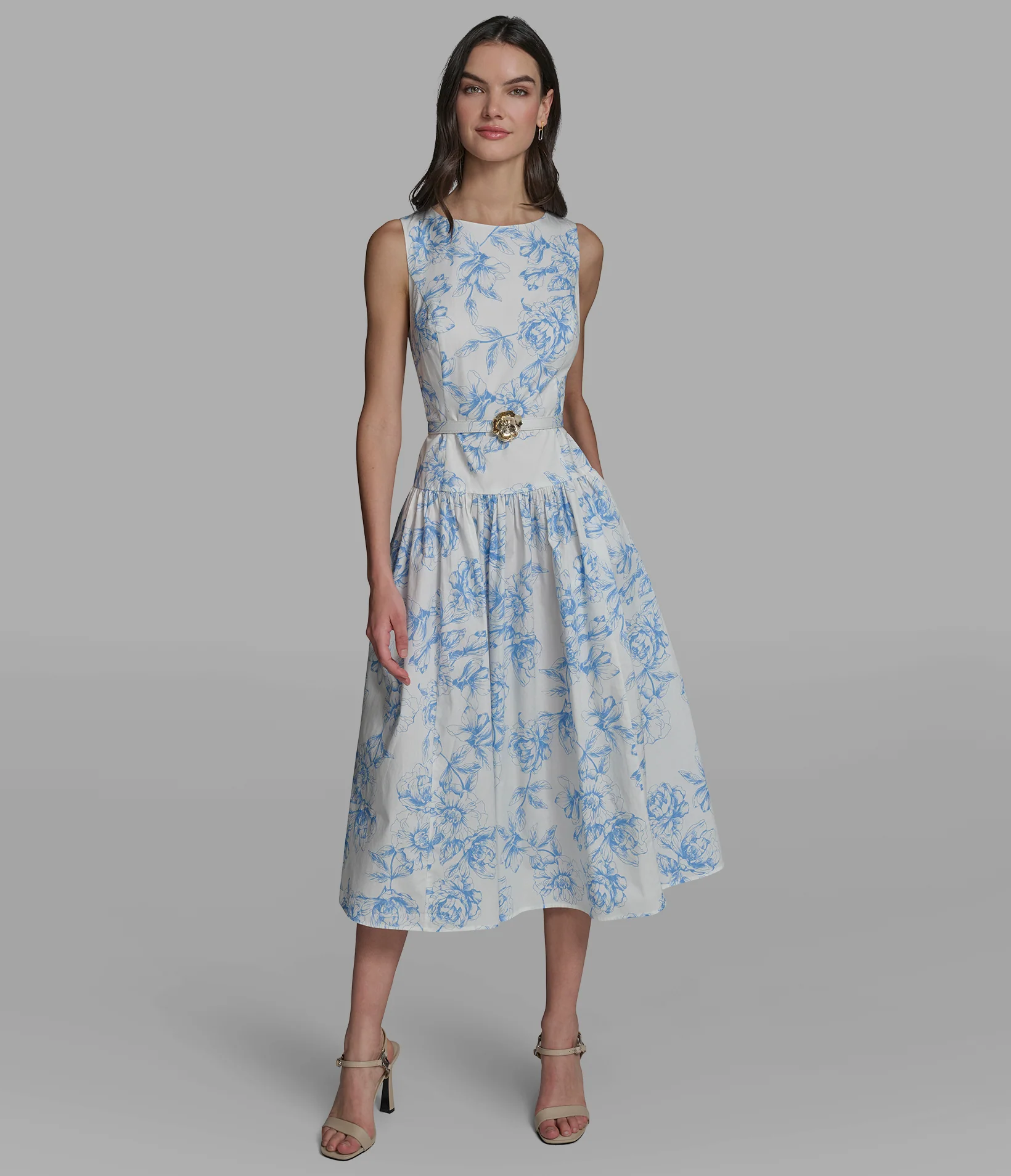FLORAL MIDI DRESS WITH ROSE BELT