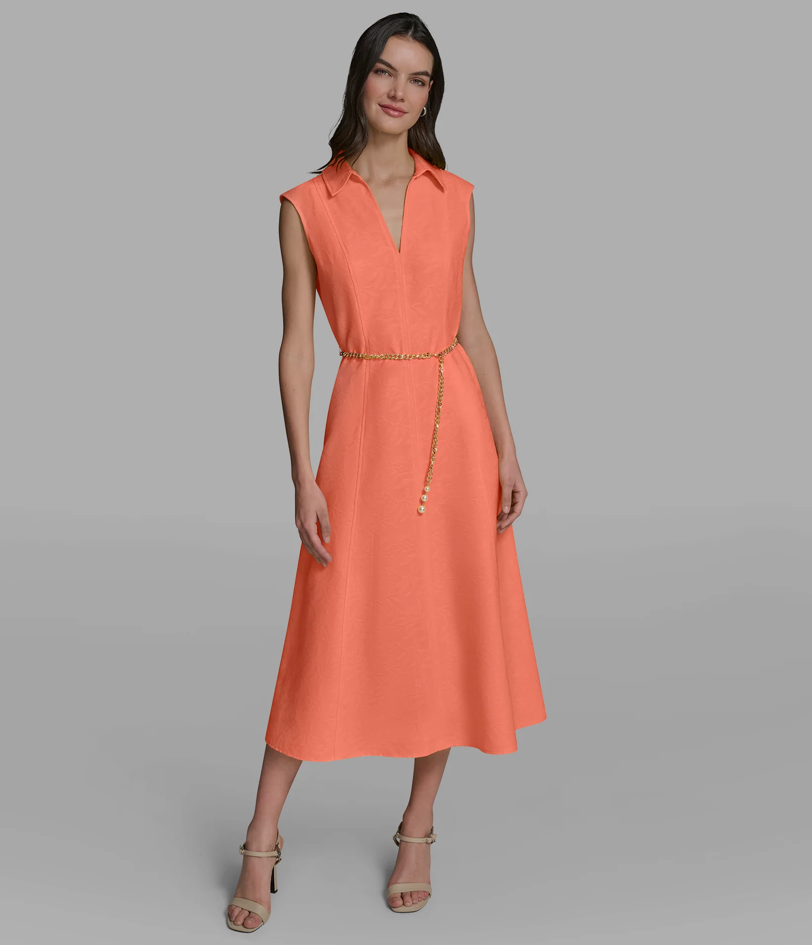 SUBTLE FLORAL MIDI DRESS WITH CHAIN BELT