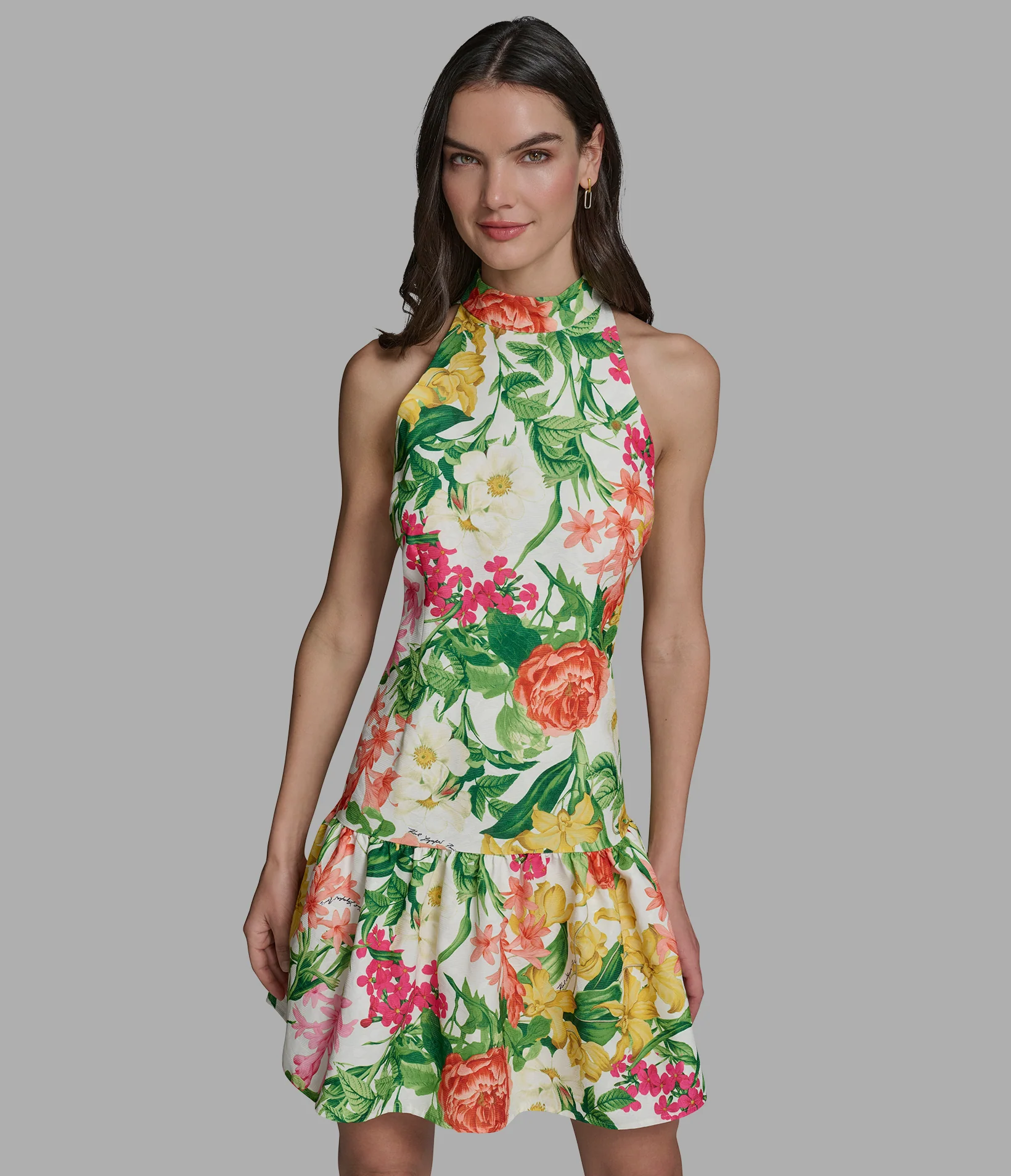 FLORAL HALTER DRESS WITH DROP WAIST