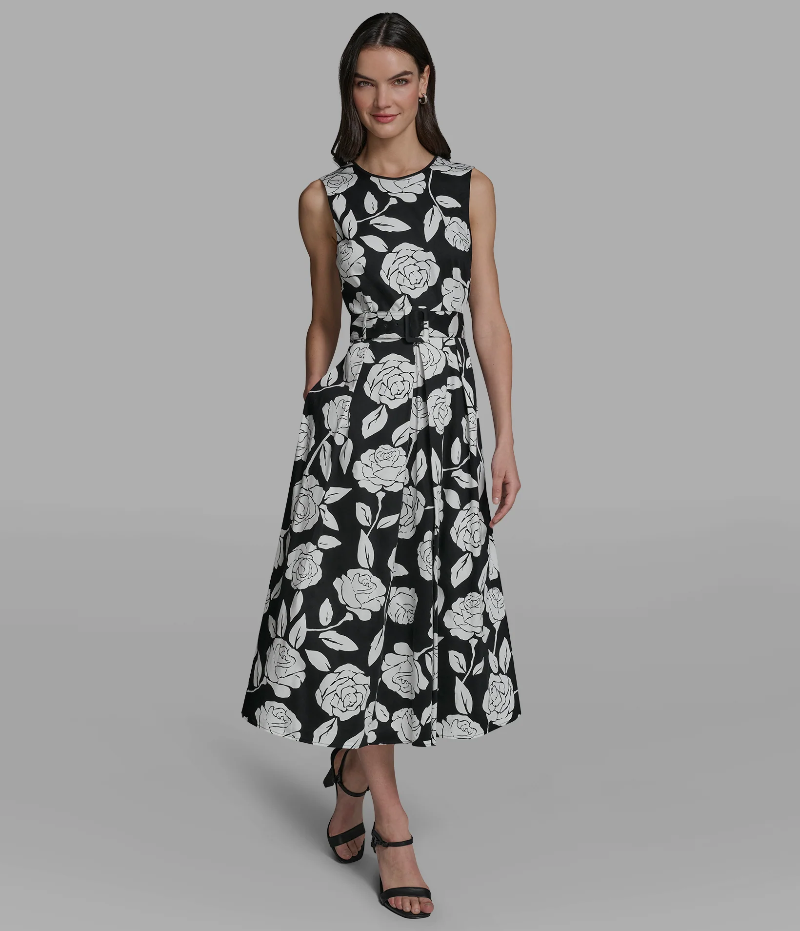 FLORAL SATEEN MIDI DRESS WITH BELT