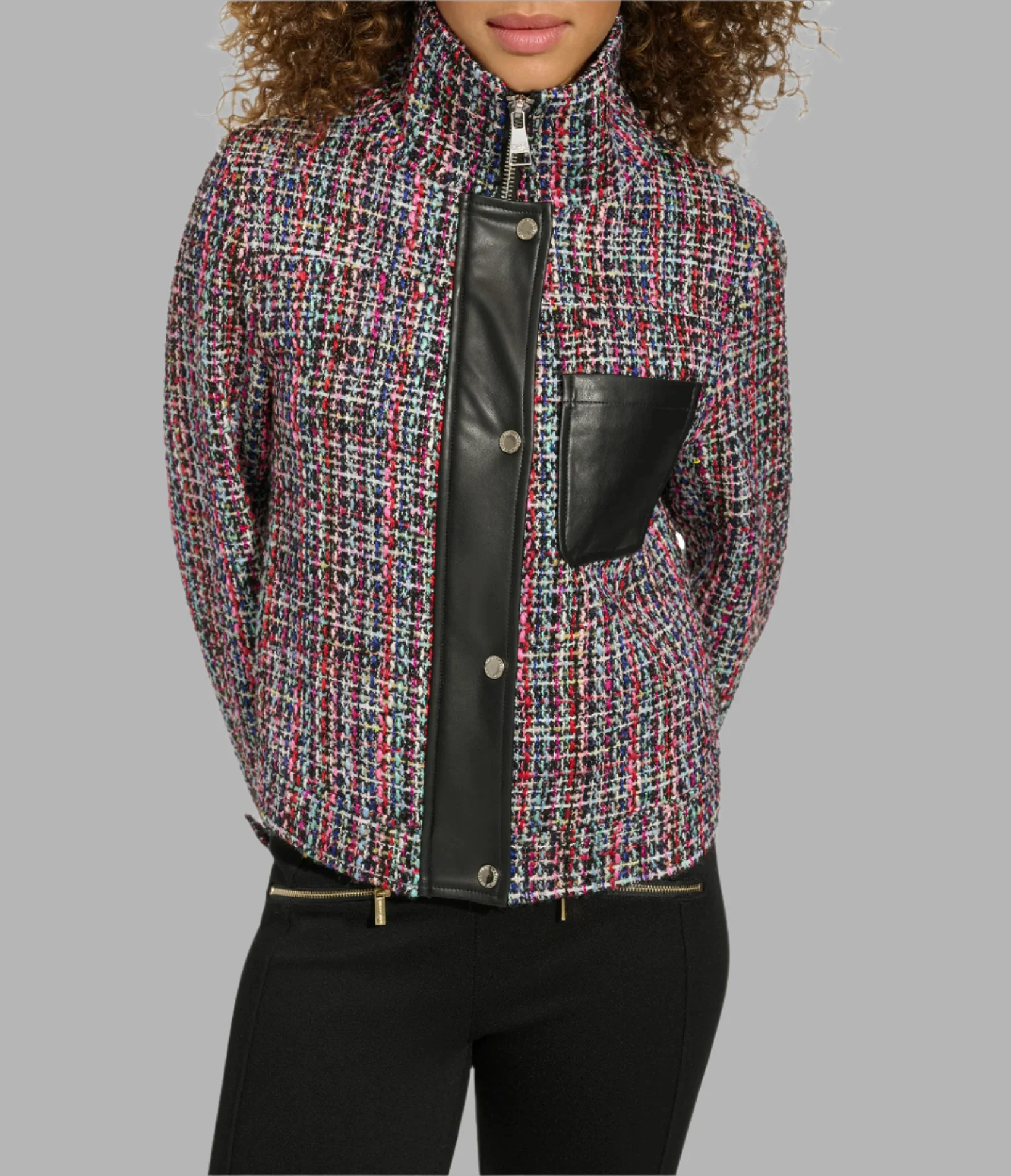 TWEED AND FAUX LEATHER FRONT ZIP JACKET - Image 3